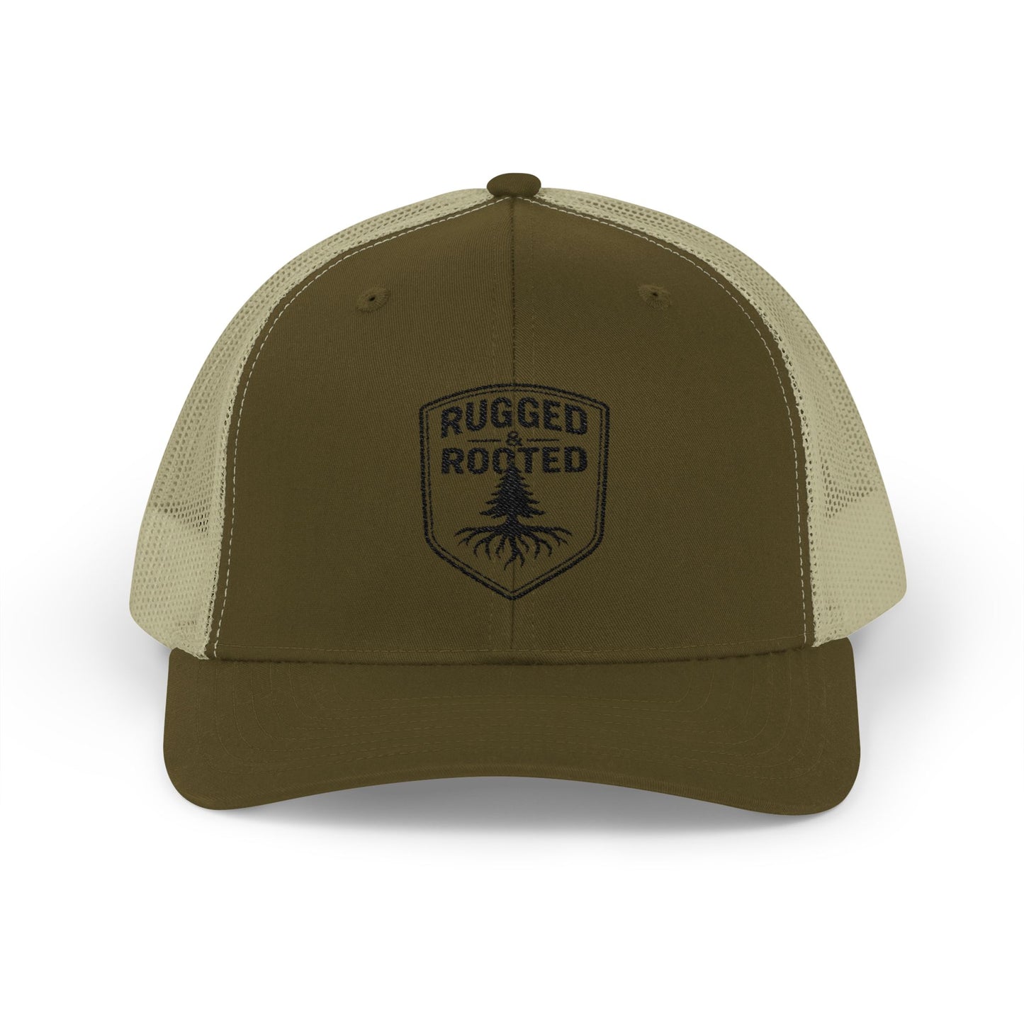 Rugged Rooted Transparent Shield Embroidered Trucker Cap