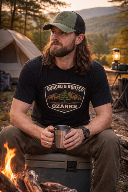 Ozarks Rugged & Rooted Tee- Mountain Adventure
