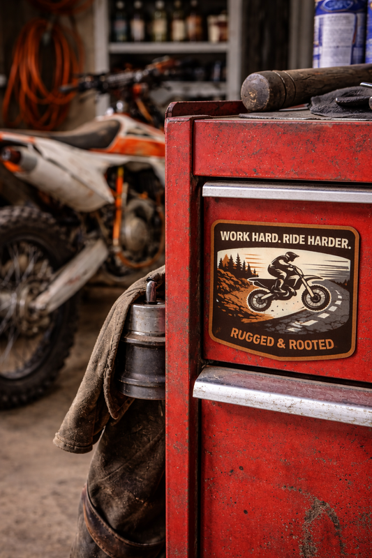 "Work Hard. Ride Harder. Rugged & Rooted" Off-Road Motorcycle Sticker