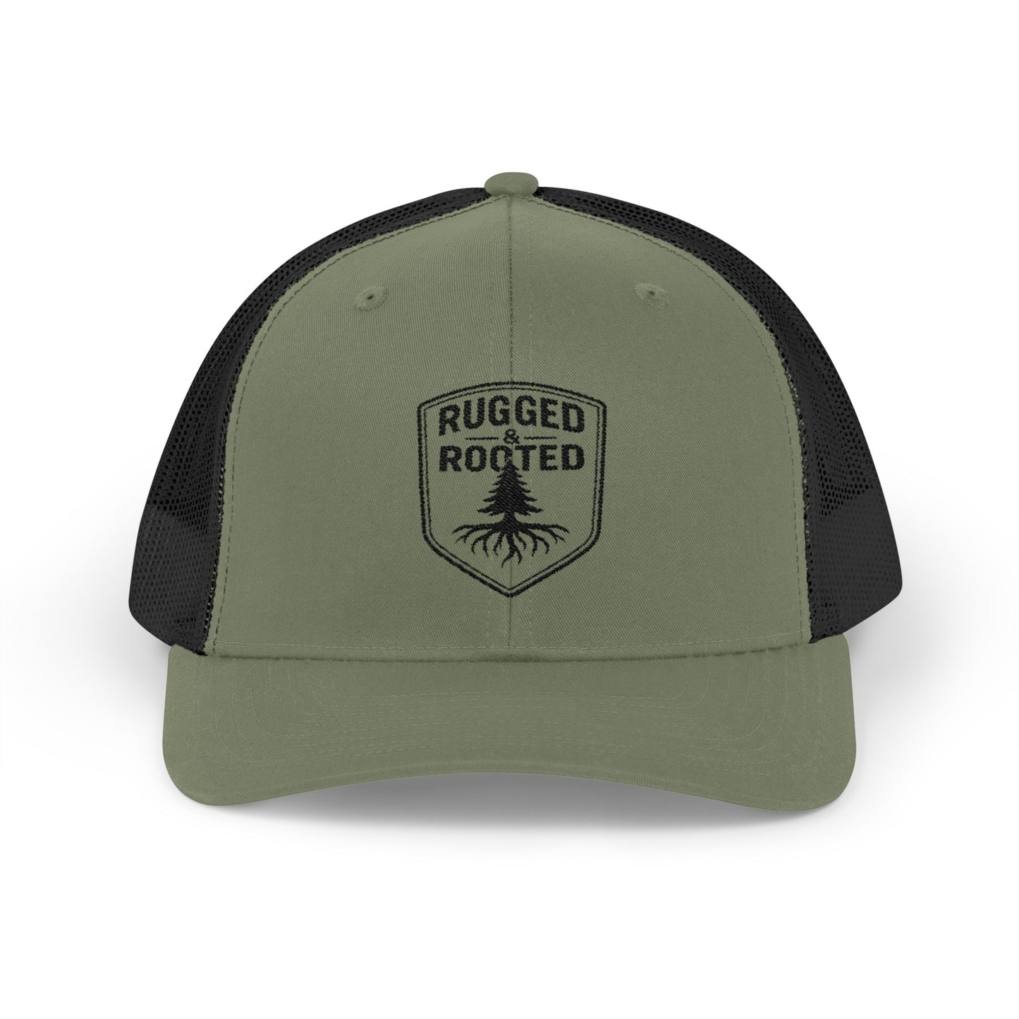 Rugged Rooted Transparent Shield Embroidered Trucker Cap